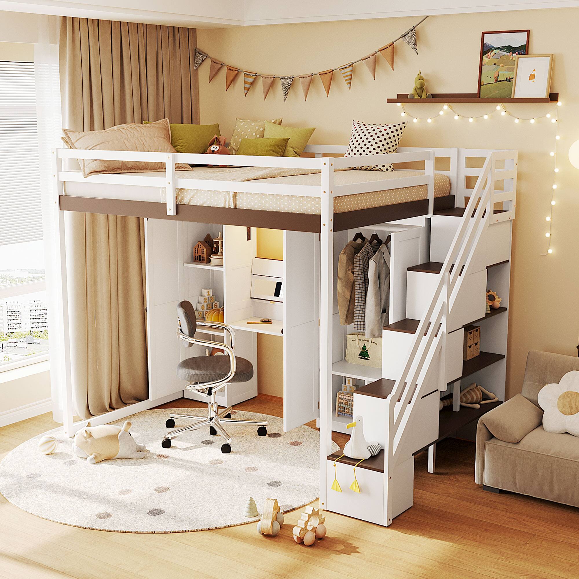 Left. Anysun - Full Size Loft Bed with Storage Staircase - Built-In Dressing Table & Mirror, Wardrobe, USB Ports & Lights - White.