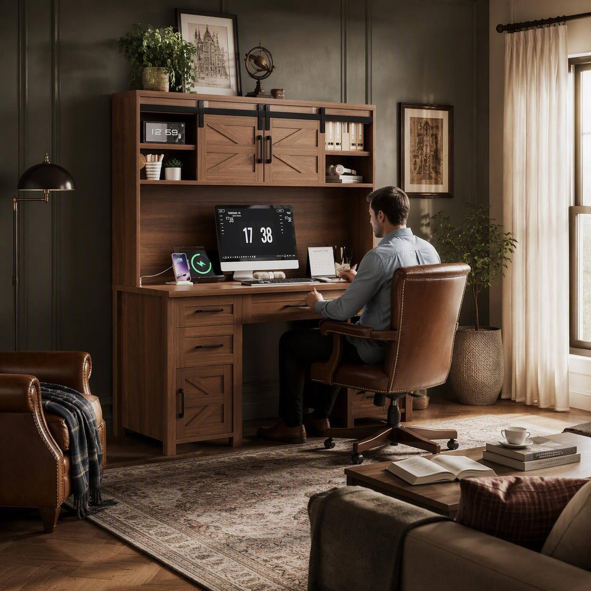 Angle. RYHNUYNE - Farmhouse Executive Desk with Charging Station, 61 inch Computer Desk, Walnut Finish, Barn Door Hutch and 5 Drawers - Walnut.