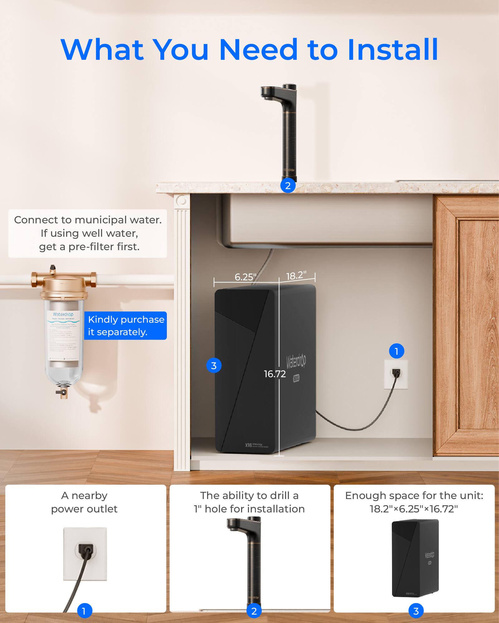 What You Need to Install

1. A nearby power outlet
2. The ability to drill a 1" hole for installation
3. Enough space for the unit: 18.2" x 6.25" x 16.72"

2. Connect to municipal water. If using well water, get a pre-filter first.
6.25"
18.2"
Waterdrop Kindly purchase it separately.