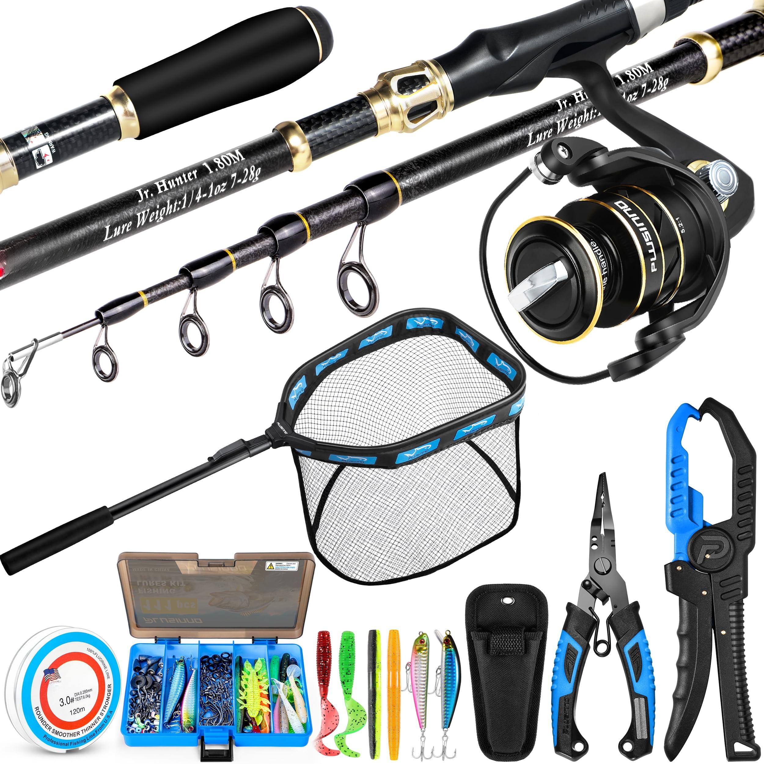 Sure, here is the corrected and grouped text from the image:

---

**Fishing Rod and Reel:**
- Jr. Hunter 1.80M
- Lure Weight: 1/4-1oz - 7-28g

**Fishing Net:**
- 120cm

**Fishing Accessories:**
- 3.0g
- 120m

**Fishing Lures:**
- Various colors and types (as shown in the image)

**Fishing Knife:**
- (Brand name not fully visible)

**Fishing Line:**
- (Brand name not fully visible)

**Fishing Line Capacity:**
- 3.0g
- 120m

**Fishing Line Capacity Chart:**
- (Details not fully visible)

**Fishing Line Capacity:**
- 3.0g
- 120m

**Fishing Line Capacity:**
- 3.0g
- 120m

**Fishing Line Capacity:**
- 3.0g
- 120m

**Fishing Line Capacity:**
- 3.0g
- 120m

**F