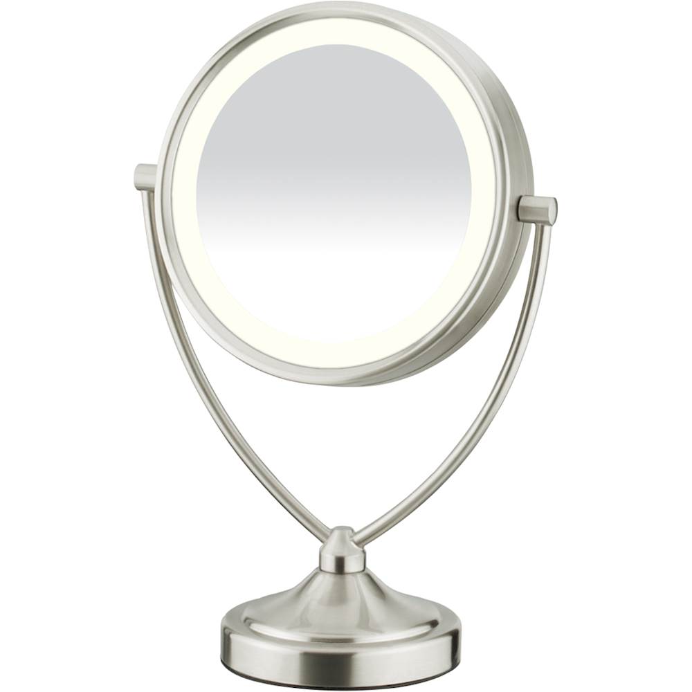 Left View: Conair® Reflections Double-Sided Fluorescent Lighted Vanity Makeup Mirror, 1x/10x magnification, Satin Nickel