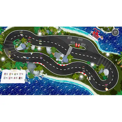 The image shows a race track with a car racing on it. The car is currently in the 6th lap. The track is surrounded by water, and there are palm trees nearby. The scene is set on an island. - E (Everyone)