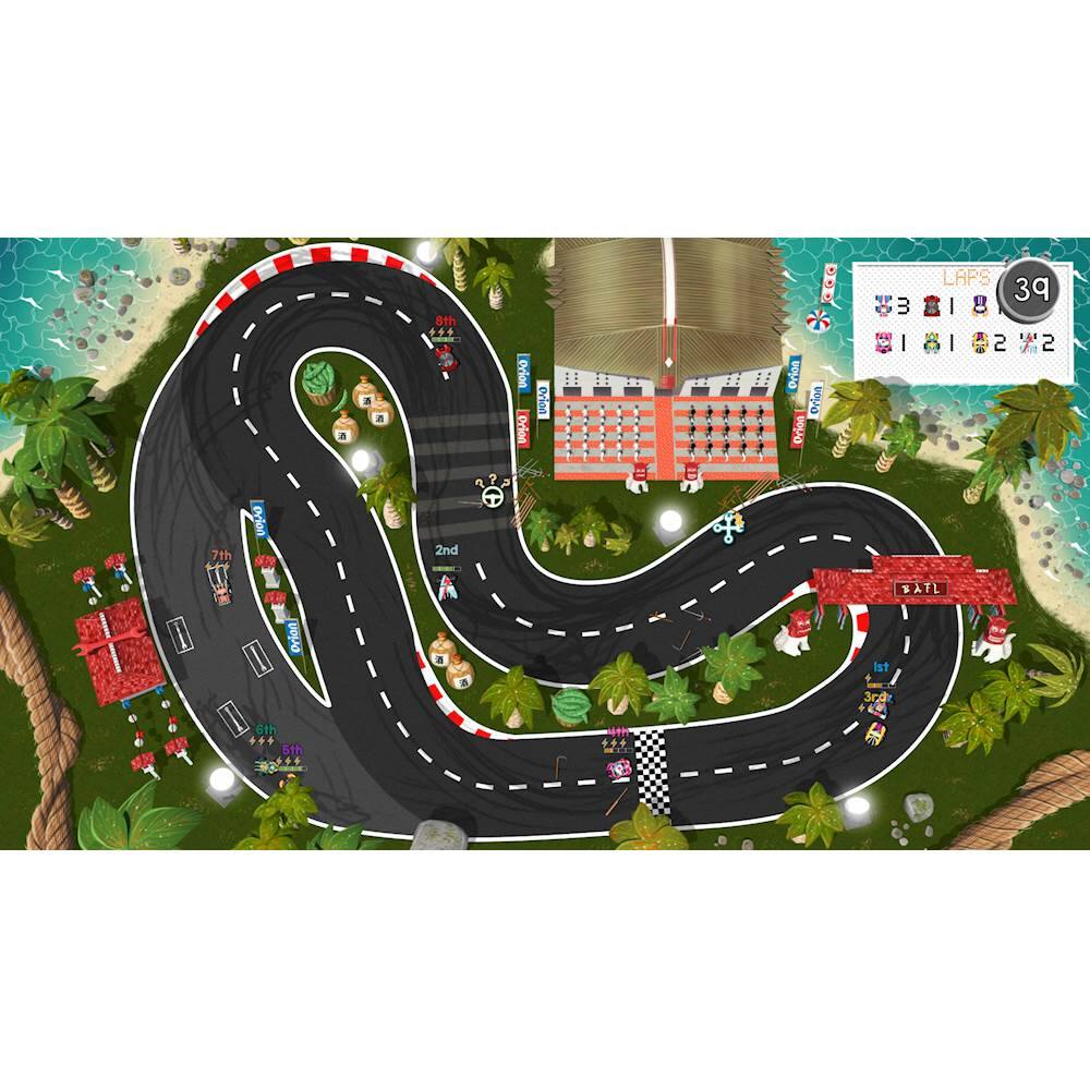 The image features a race track with several cars and a building in the background. The text in the image reads "3 Laps 3q 1 63 3 B | 8 B | 8 | H 2 7 2 7th ocon 2nd SATL F I orion a Ist 6th." This text appears to be related to a racing event or competition, with the number of laps, the number of cars, and the positions of the cars in the race.