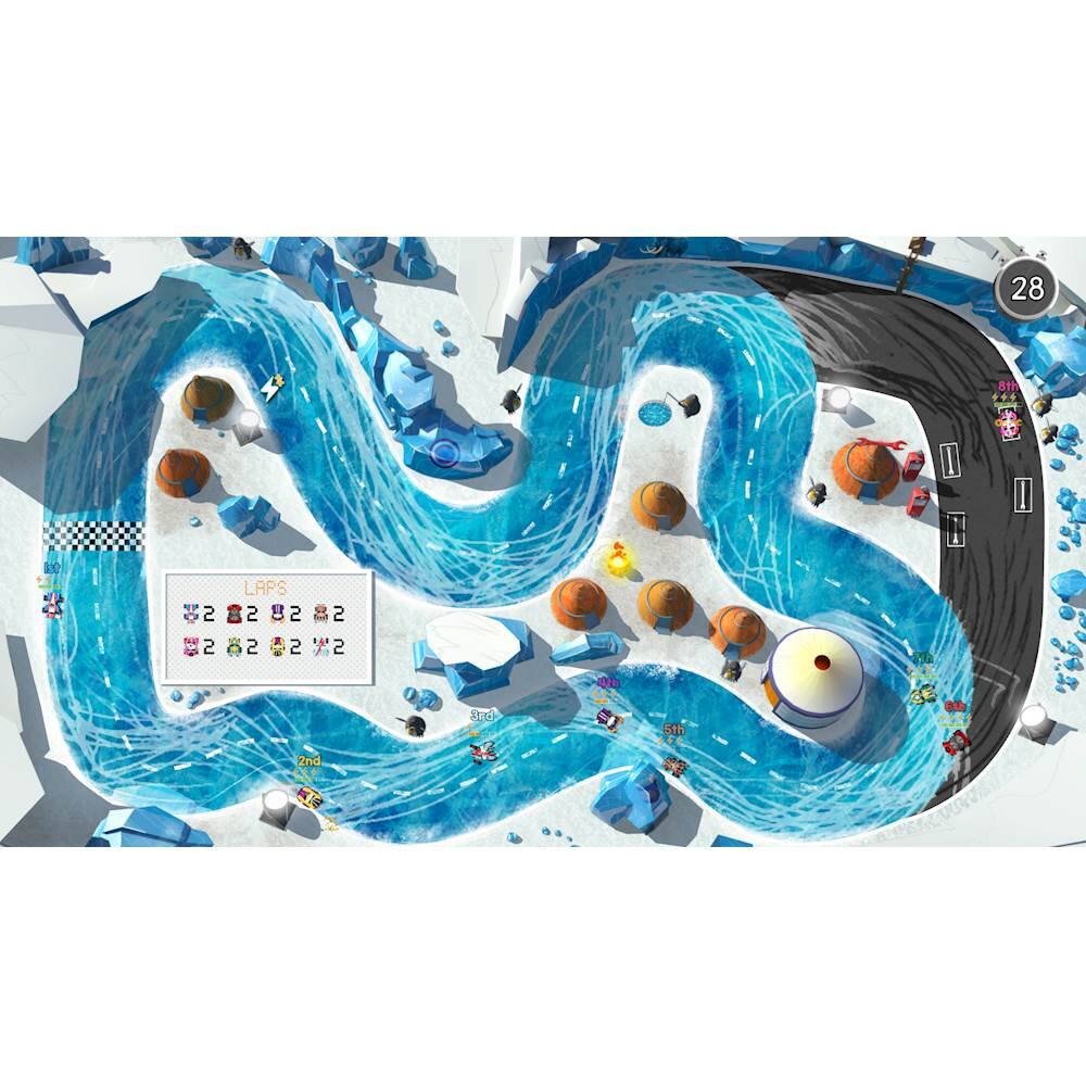 The image features a video game with a track that has a lot of curves and obstacles. There are several cars racing on the track, and the game appears to be a racing game. The image also shows a scoreboard with the number 28 displayed on it.