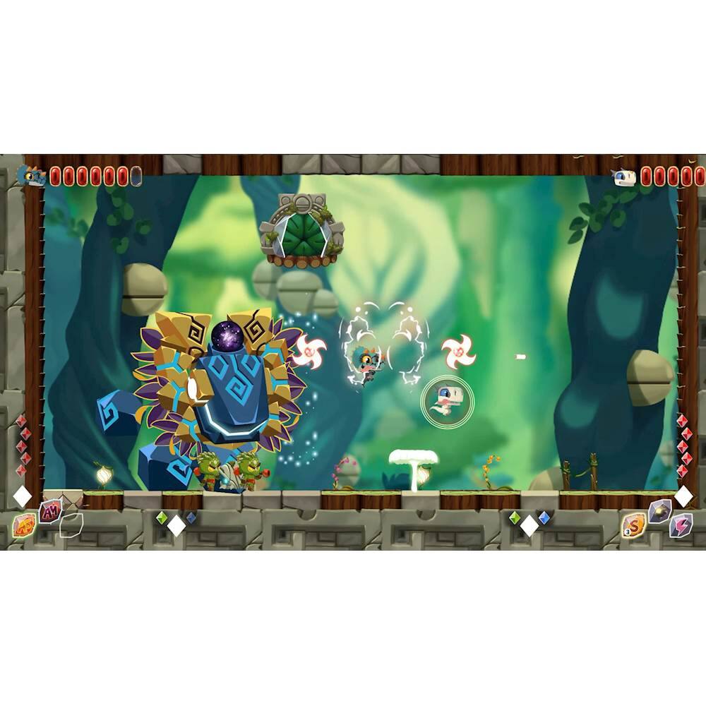 The image features a video game with a character in a cave, surrounded by trees and rocks. The character is holding a weapon, possibly a sword, and is in the middle of an action scene. The game appears to be a mix of a platformer and an action game, with the character jumping and navigating through the cave environment. The game is visually appealing and engaging, with a focus on the character's movement and interaction with the environment.