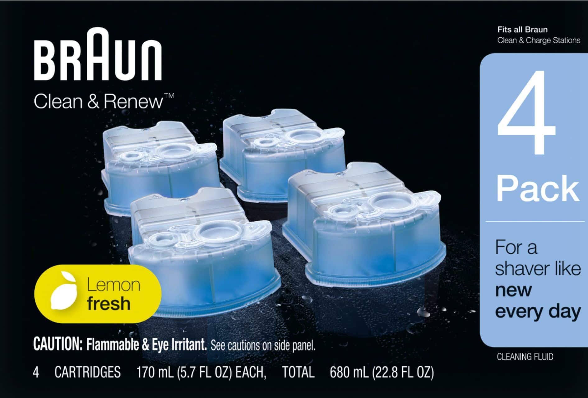 The image features a pack of four Braun Clean & Renew cartridges. The cartridges are designed to fit all Braun Clean & Charge stations, and they come in a lemon fresh scent. The pack is cautioned to be flammable and an eye irritant, so users should be cautious when handling the product. Each cartridge contains 170 mL of cleaning fluid, and the pack contains a total of 680 mL. This product is intended to keep a shaver fresh and clean like new every day.