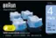 The image features a pack of four Braun Clean & Renew cartridges. The cartridges are designed to fit all Braun Clean & Charge stations, and they come in a lemon fresh scent. The pack is cautioned to be flammable and an eye irritant, so users should be cautious when handling the product. Each cartridge contains 170 mL of cleaning fluid, and the pack contains a total of 680 mL. This product is intended to keep a shaver fresh and clean like new every day.