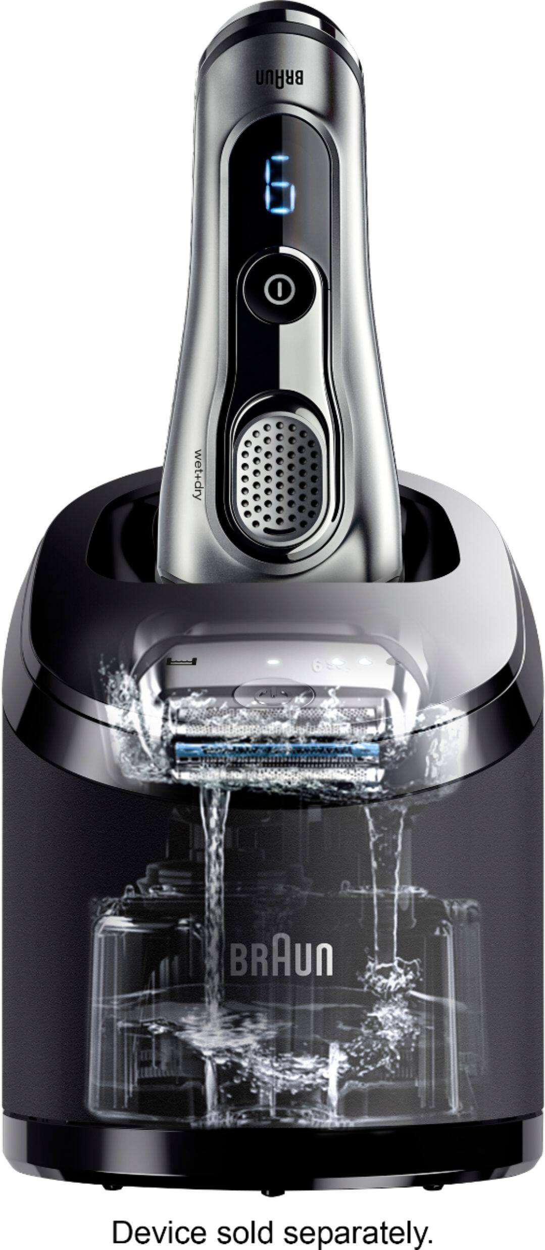 The image features a Braun wet and dry shaver, which is a combination of a hair dryer and a shaver. The device is black and silver in color, and it has a water spout on the front. The shaver is designed to be used with a separate Braun device, as indicated by the text "Device sold separately."
