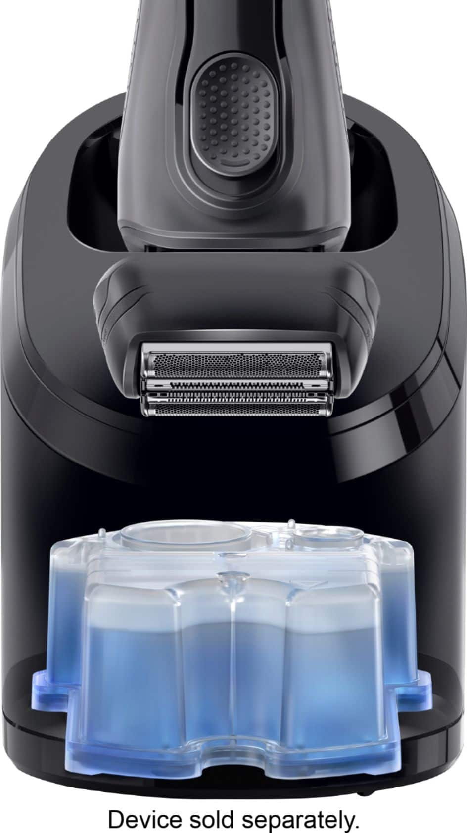 The image shows a black electric toothbrush with a blue attachment. The toothbrush is designed to be used with a separate device, which is not included in the package. The device is sold separately, and users need to purchase it separately to use the toothbrush effectively.