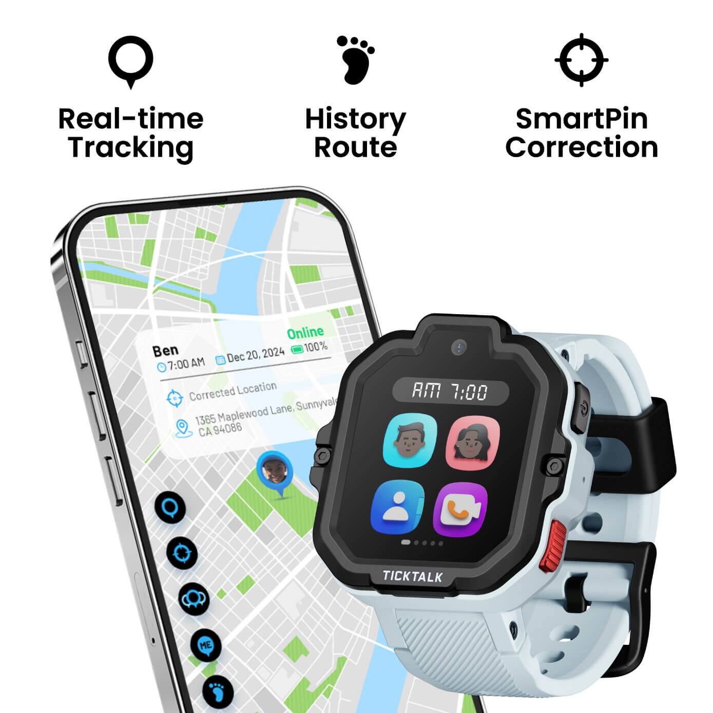 Real-time Tracking  
History Route  
SmartPin Correction  

Ben  
Dec 20, 2024 7:00 AM  
Online 100%  

Corrected Location  
1365 Maplewood Lane, Sunnyvale, CA 94086  

TICKTALK