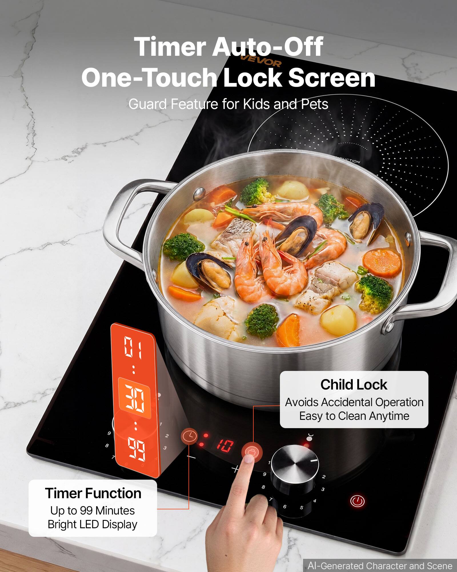 Timer Auto-Off VEVOR One-Touch Lock Screen Guard Feature for Kids and Pets

0 : 30 : 99

Child Lock Avoids Accidental Operation Easy to Clean Anytime

Timer Function Up to 99 Minutes Bright LED Display

AI-Generated Character and Scene