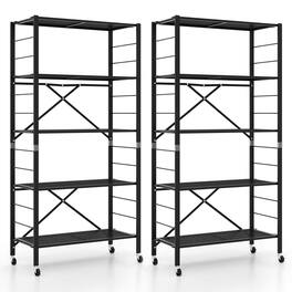 Costway - 2 PCS Foldable Storage Shelves Adjustable Collapsible Organizer Rack with Wheels - Black