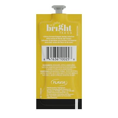 Certainly! Here is the corrected and grouped text:

---

**bright TEACO**

**Crisp forward lemon herbal infusion with notes of boral and honey**

**Infusion de thé au citron et aux herbes avec des notes de fleur et de miel**

**8 41636 10025 8**

**INGREDIENTS:**
- ROSEMARY
- APPLE
- NATURAL FLAVOUR
- CITRIC ACID
- EGLANTINER
- ZESTE D'ORANGE
- AUTRES ARÔMES NATURELS
- ACIDE CITRIQUE
- DE MIEL
- FLAVIA

**FLAVIA**

---

This text is grouped and corrected based on the image provided.
