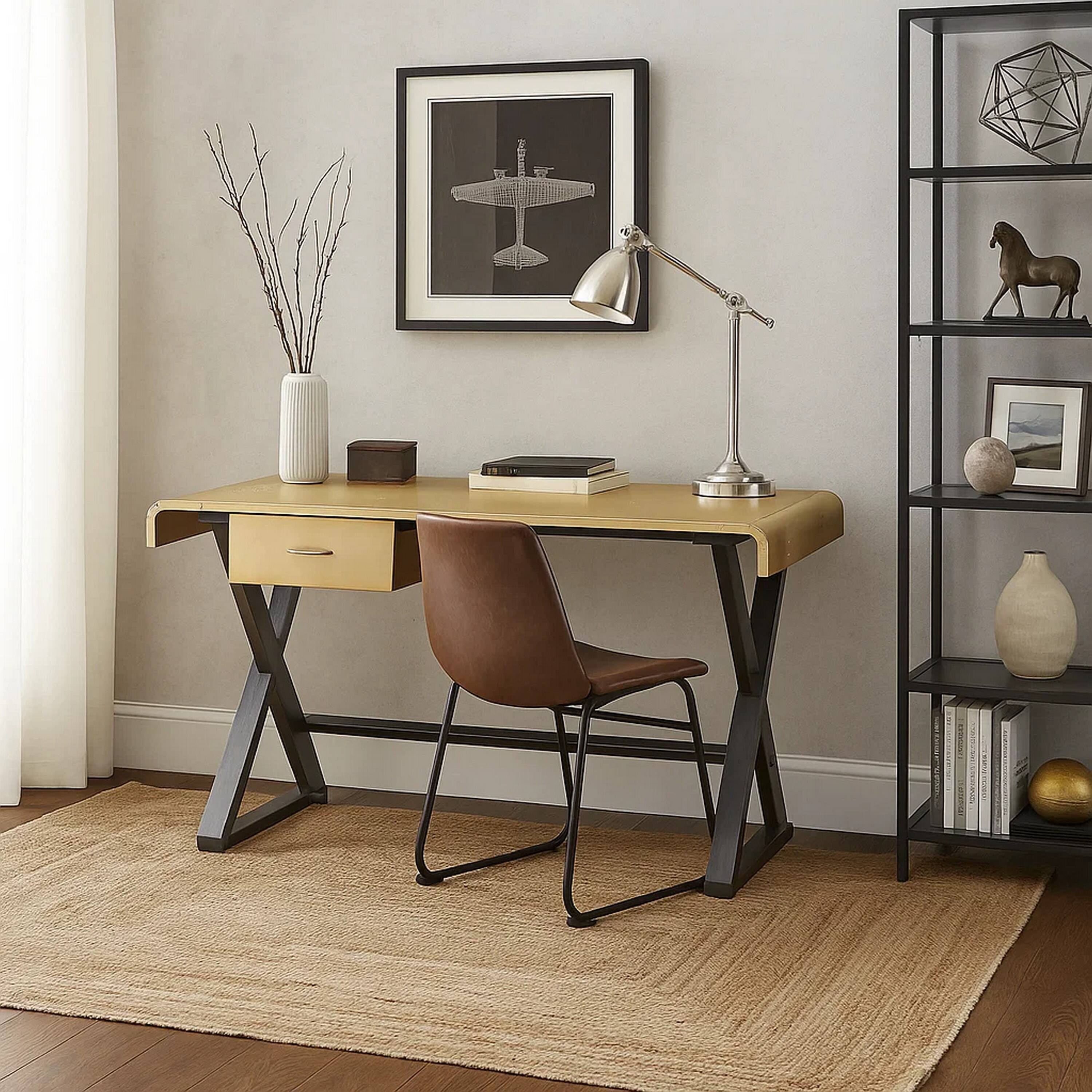 Alt View 3. Manhattan Lane - Aluminum Patchwork Rectangular Desk with X Trestle Base, Gold and Black - Gold, Black.