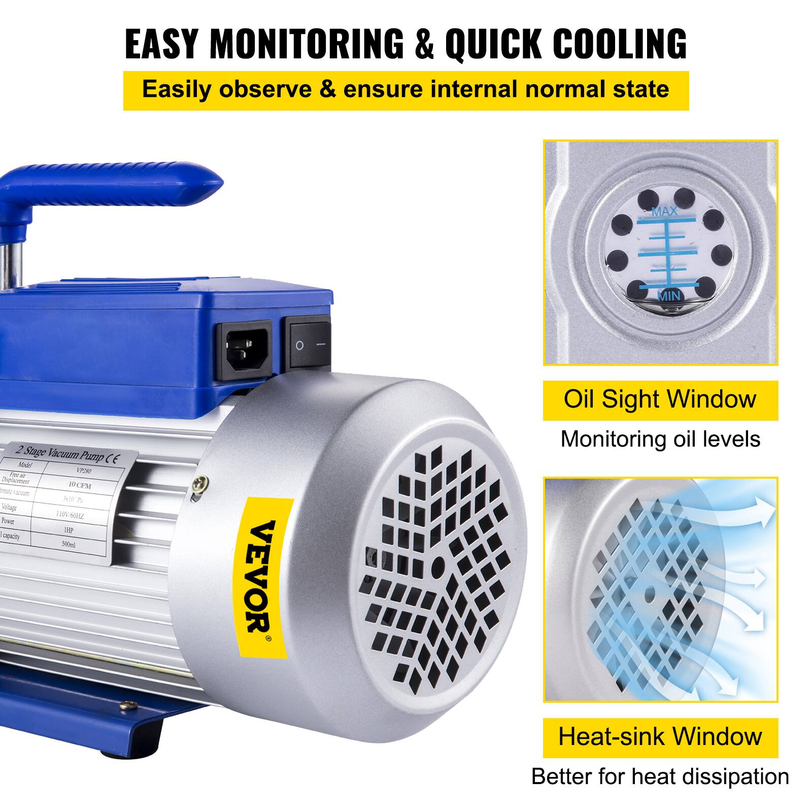 EASY MONITORING & QUICK COOLING  
Easily observe & ensure internal normal state  

Oil Sight Window  
Monitoring oil levels  

Heat-sink Window  
Better for heat dissipation