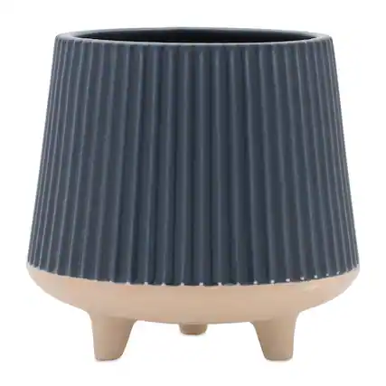 Front. BreeBe - Ceramic Ribbed Footed Planter (Set of 2) - Blue, Beige.
