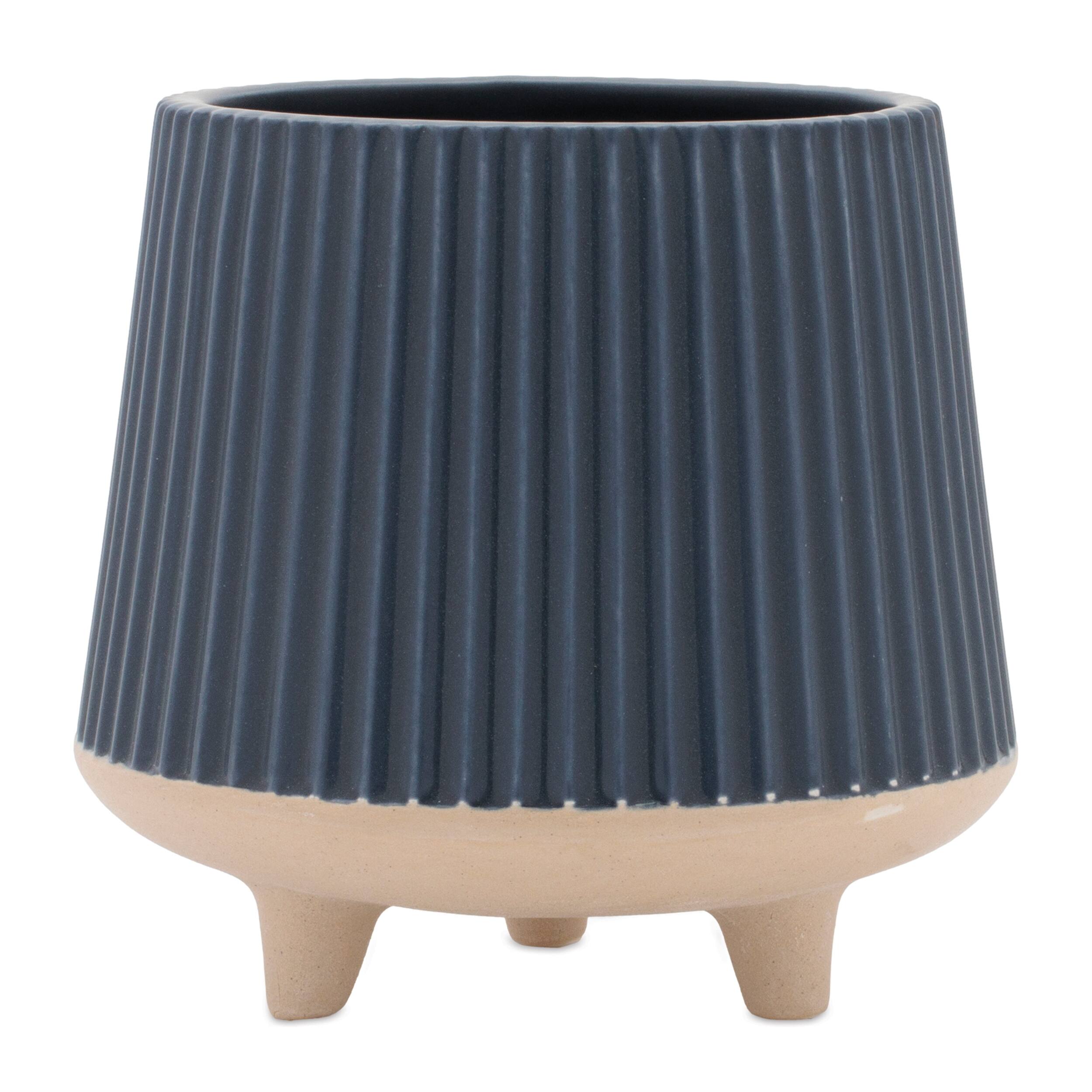 Front. BreeBe - Ceramic Ribbed Footed Planter (Set of 2) - Blue, Beige.