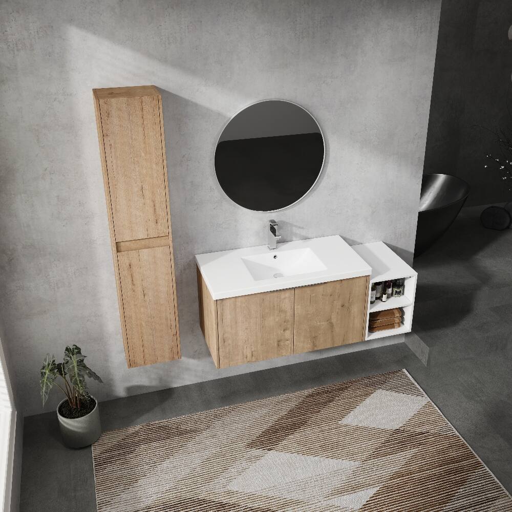Alt View 2. Loheer - Loheer 48 inch wall mounted bathroom vanity with side cabinet, imitative oak - Imitative Oak.