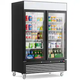 Coolake - 54"W 49 Cu.Ft. Commercial Beverage Merchandiser Refrigerator with 2 Glass Doors, Customizable Light Box - Black