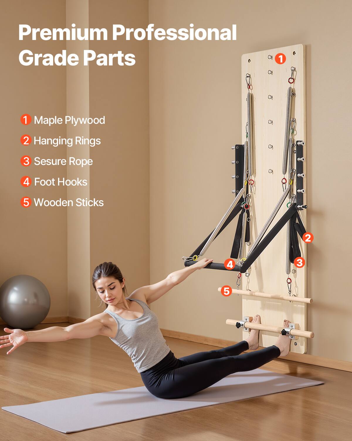 Premium Professional Grade Parts

1. Maple Plywood
2. Hanging Rings
3. Sesure Rope
4. Foot Hooks
5. Wooden Sticks