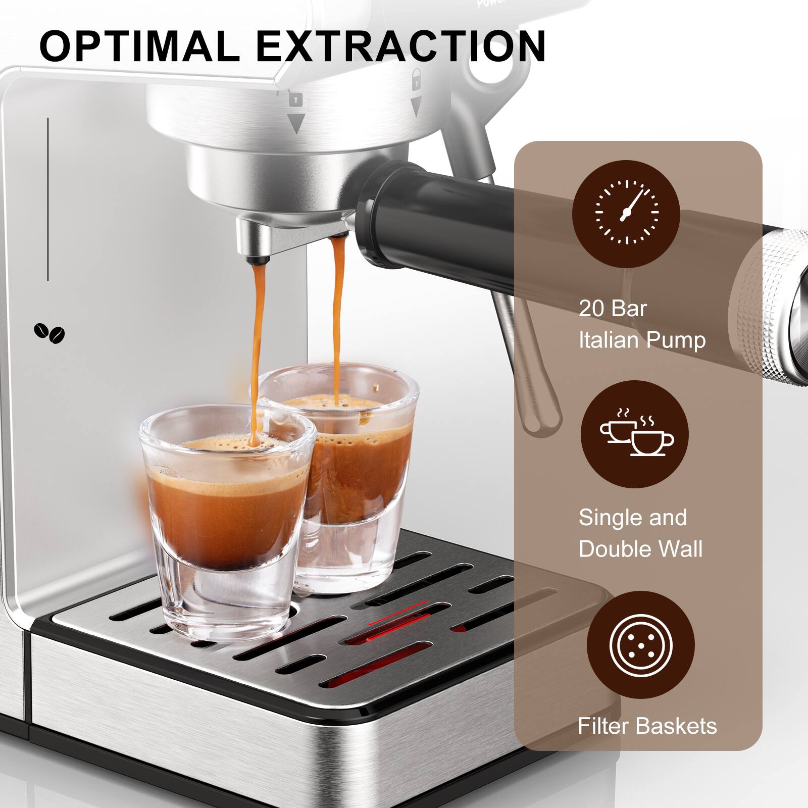 OPTIMAL EXTRACTION

20 Bar Italian Pump

Single and Double Wall

Filter Baskets