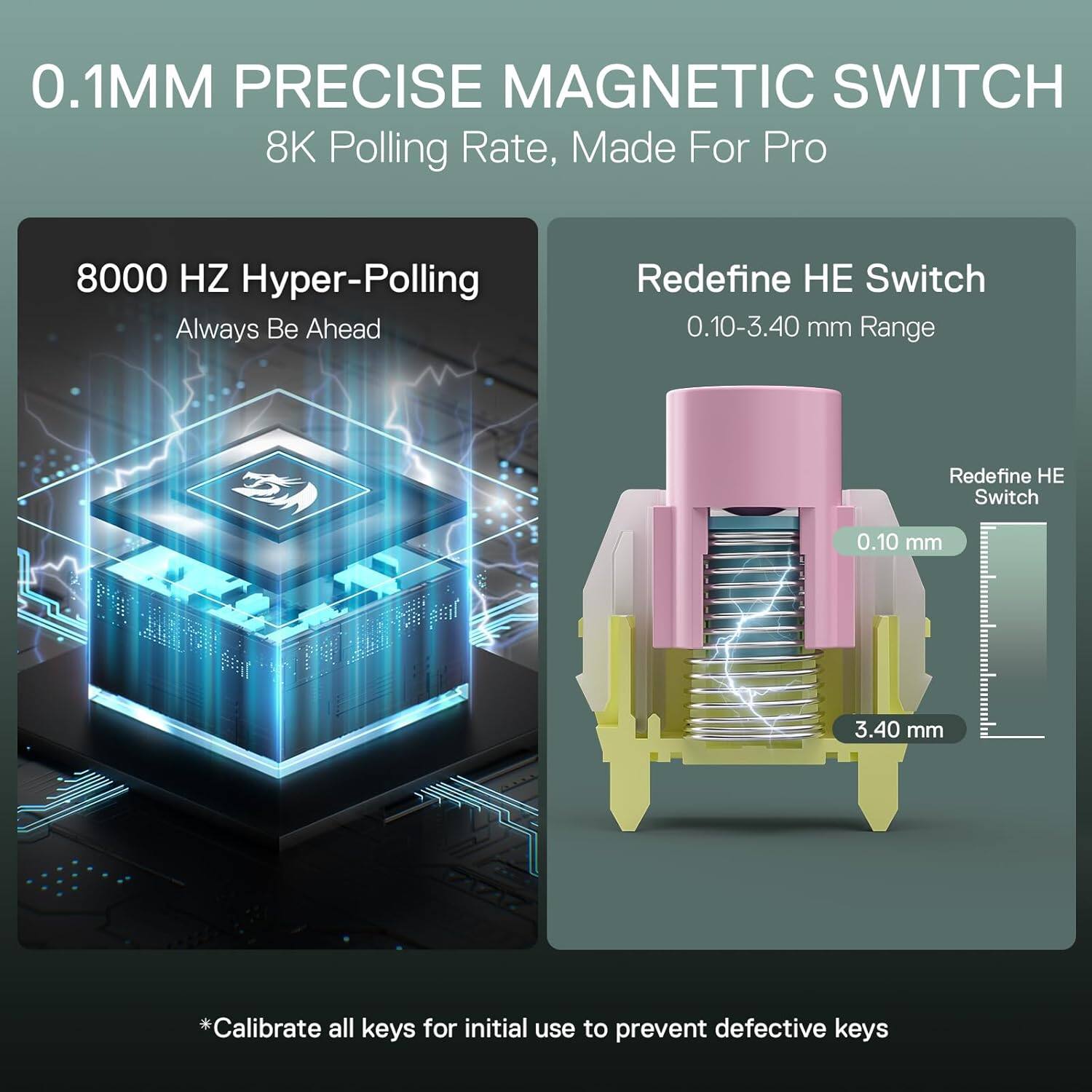 0.1MM PRECISE MAGNETIC SWITCH  
8K Polling Rate, Made For Pro  

8000 HZ Hyper-Polling  
Always Be Ahead  

Redefine HE Switch  
0.10-3.40 mm Range  

*Calibrate all keys for initial use to prevent defective keys