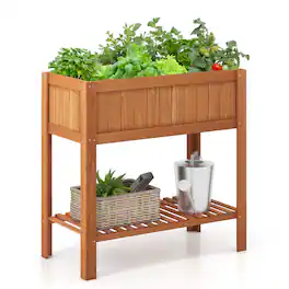 Costway - Raised Garden Bed 39 x 20 x 39 in Outdoor Fir Wood Planter Box with Storage Shelf - Natural