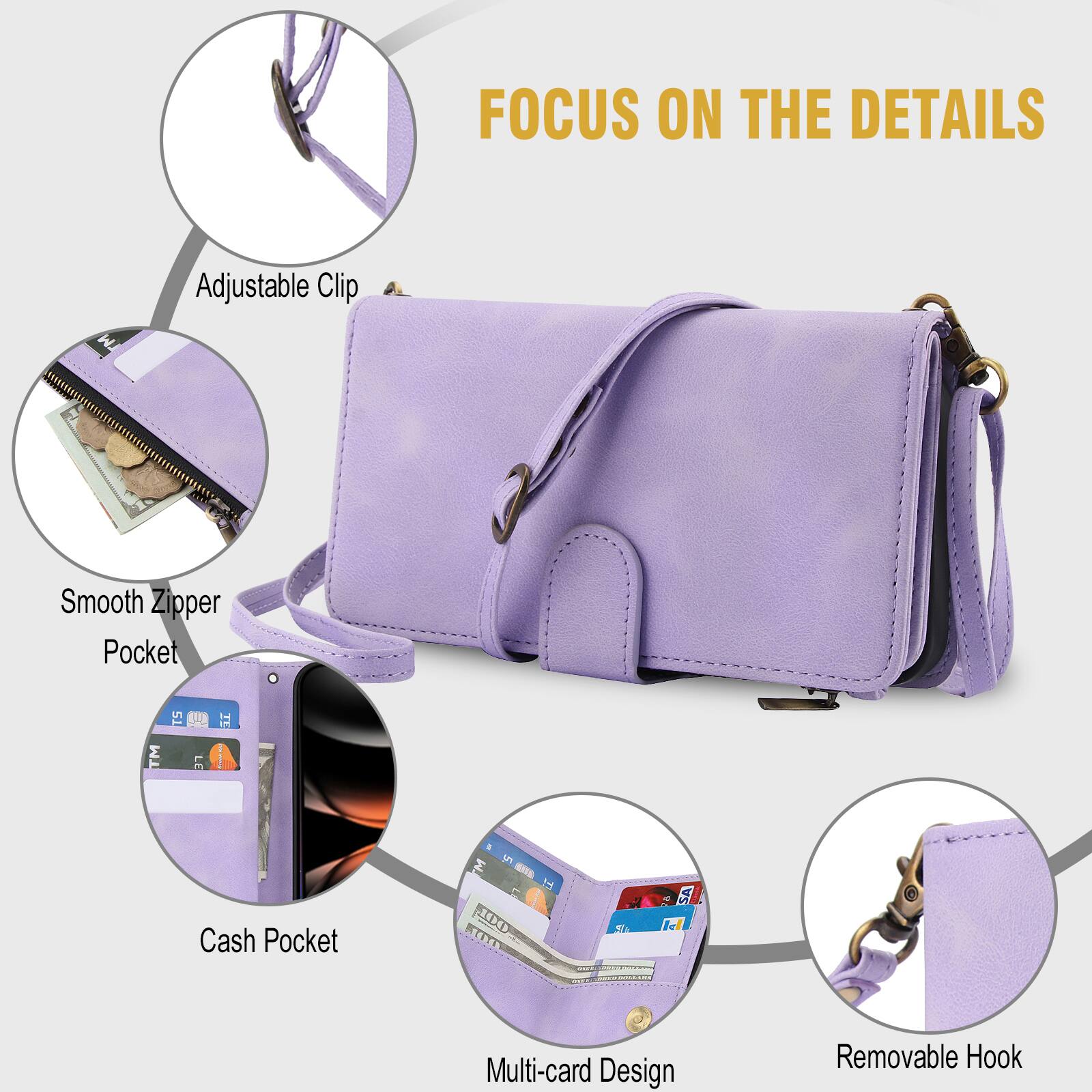 FOCUS ON THE DETAILS

- Adjustable Clip
- Smooth Zipper Pocket
- Cash Pocket
- Multi-card Design
- Removable Hook