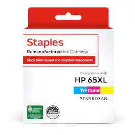 Staples - Remanufactured 65XL Ink Cartridge Tri-Color High Yield Replacement for HP 65XL - Cyan