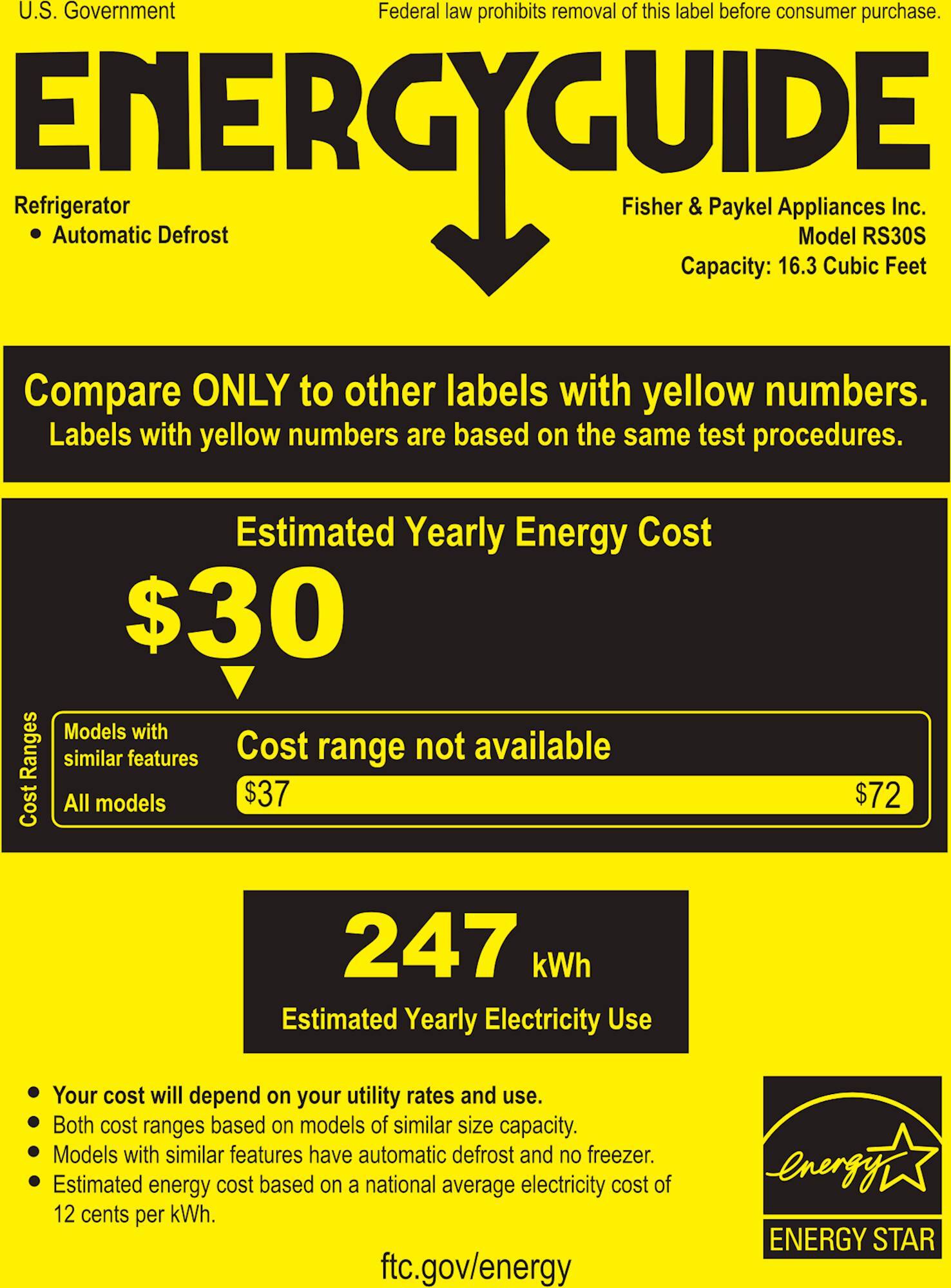 Energy Guide. Fisher & Paykel - ActiveSmart 16.3 Cu. Ft. Built-In Refrigerator.
