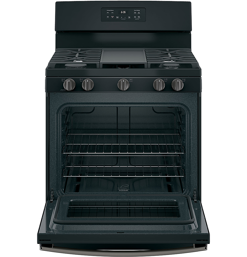 Left View: GE - 5.0 Cu. Ft. Freestanding Gas Convection Range with Steam self-clean and Hot air frying - Stainless Steel