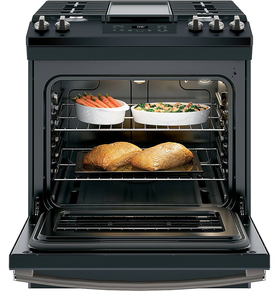 Angle View: GE Profile - 5.6 Cu. Ft. Slide-In Gas True Convection Range with Built-In WiFi and Hot Air Frying - Fingerprint Resistant Black Stainless