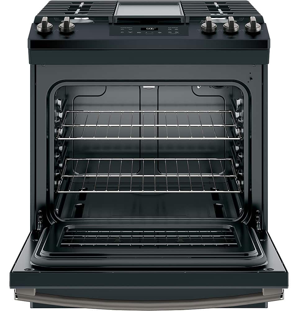 Left View: GE Profile - 5.6 Cu. Ft. Slide-In Gas True Convection Range with Built-In WiFi and Hot Air Frying - Fingerprint Resistant Black Stainless