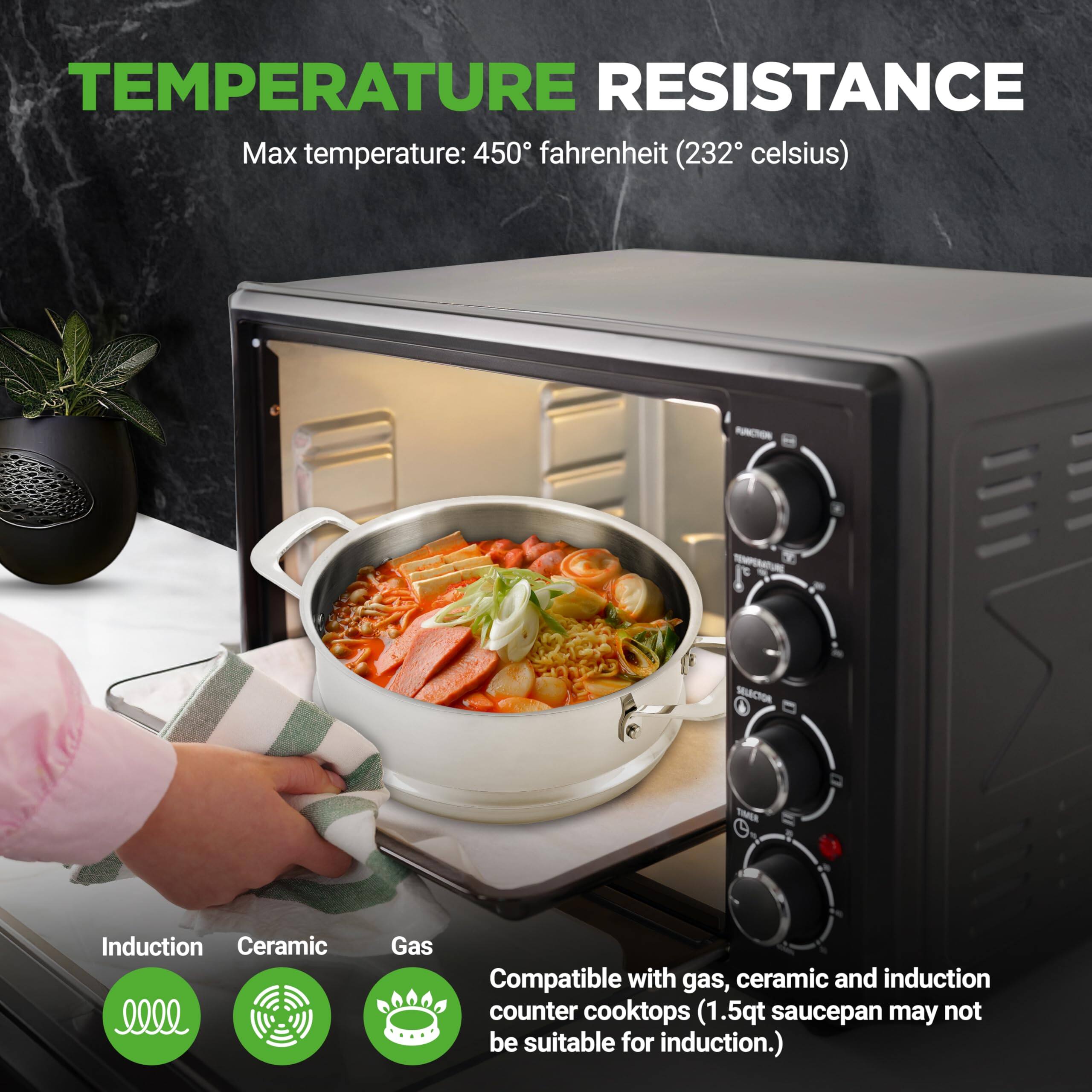 TEMPERATURE RESISTANCE  
Max temperature: 450° fahrenheit (232° celsius)  

COMPATIBILITY  
Induction  
Ceramic  
Gas  

Compatible with gas, ceramic and induction counter cooktops (1.5qt saucepan may not be suitable for induction.)