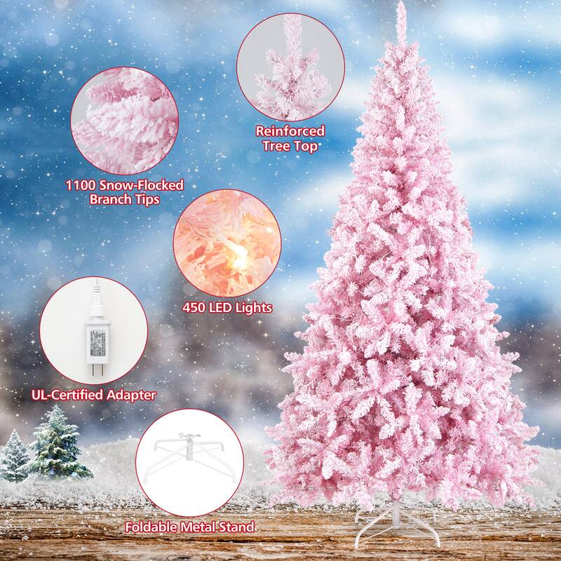 Reinforced Tree Top

1100 Snow-Flocked Branch Tips

450 LED Lights

UL-Certified Adapter

Foldable Metal Stand