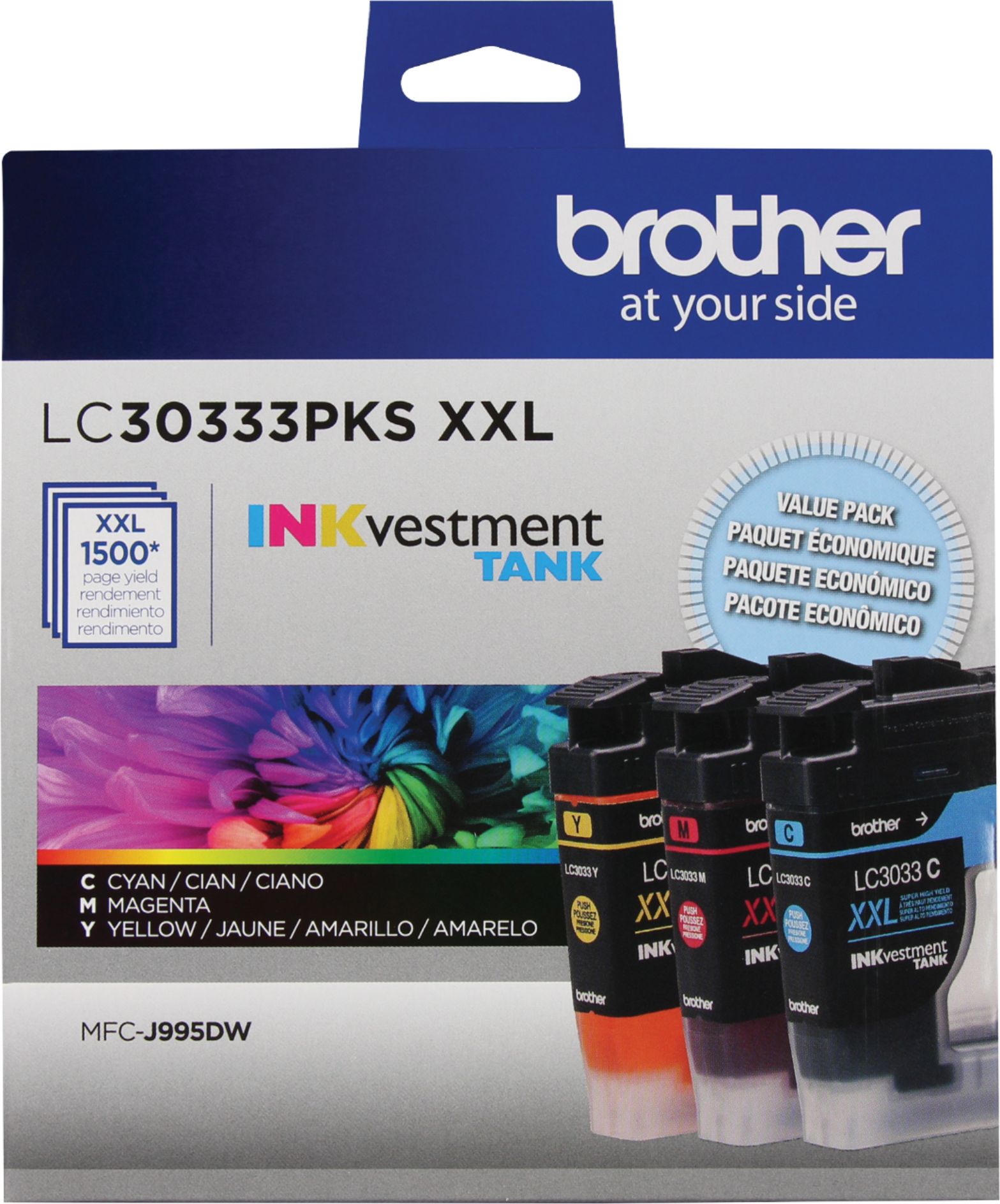Super High-yield Color INKvestment Tank Ink Cartridges; Includes 1 Cartridge each of Cyan Brother Genuine LC30333PKS 3-Pack LC3033 Magenta & Yellow Page Yield Up to 1,500 Pages/Cartridge 