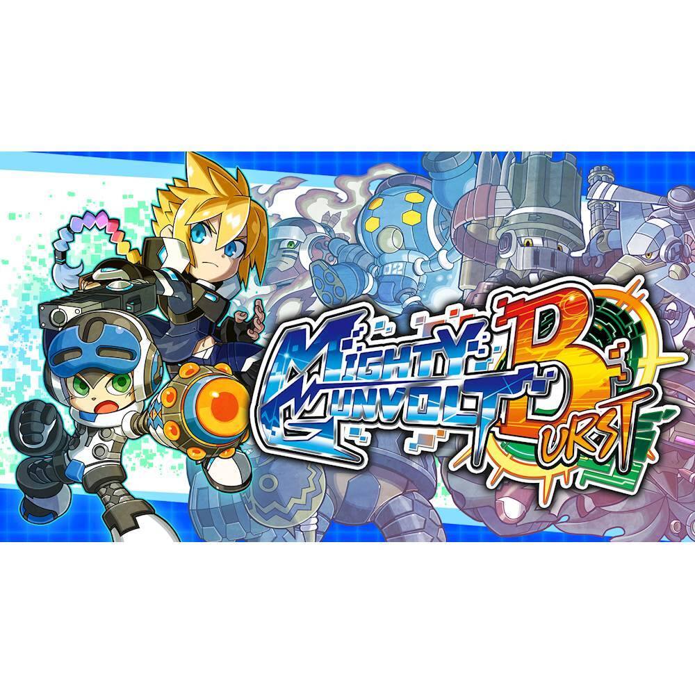The image features a colorful video game called "Mighty Busters," which has a cartoon-like appearance. The game showcases a variety of characters, including a boy and a robot, as well as other characters with different shapes and sizes. The game is set in a futuristic environment, with a blue background and a variety of objects and elements scattered throughout the scene. The overall visual style of the image is vibrant and engaging, making it an appealing advertisement for the video game. - E (Everyone)