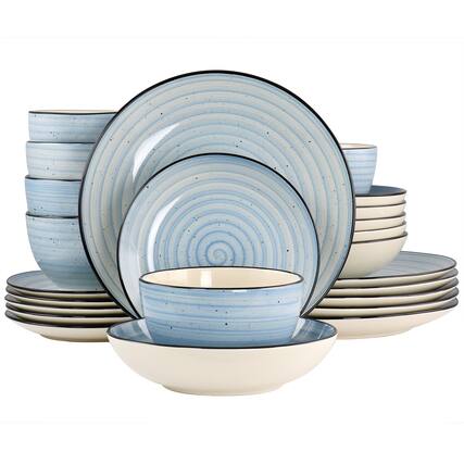 Front. Dazzed Corner - 24 Piece Round Stoneware Dinnerware Set - Light Blue.