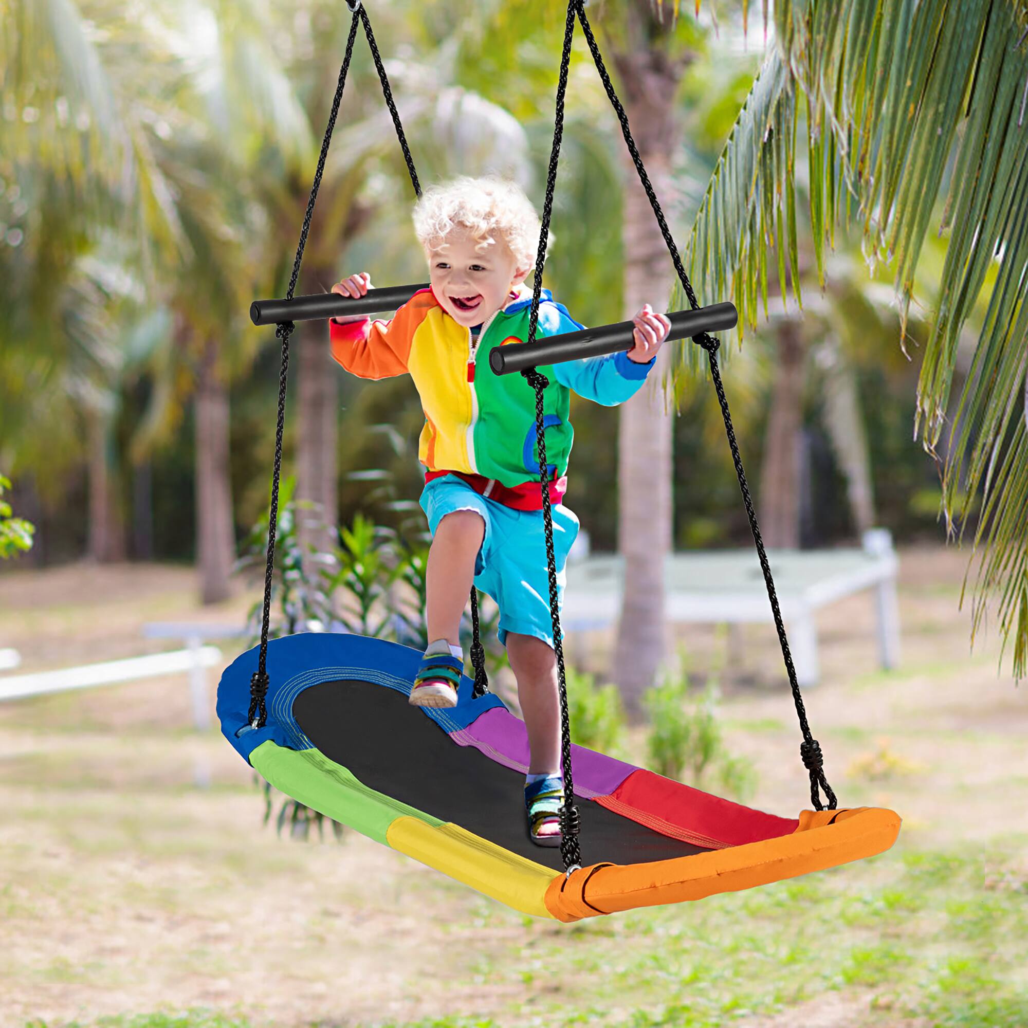 Alt View 1. Costway - Costway Saucer Tree Swing Surf Kids Outdoor Adjustable Oval Platform w/ Handle - Colorful.
