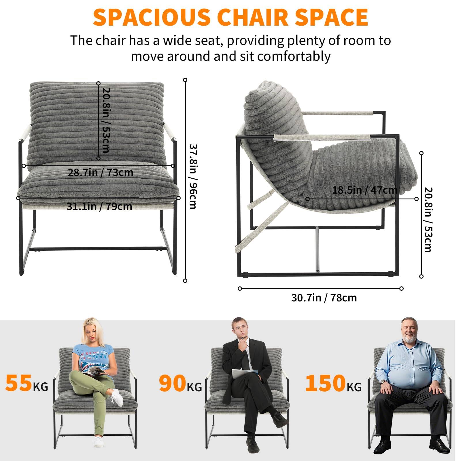 **SPACIOUS CHAIR SPACE**

The chair has a wide seat, providing plenty of room to move around and sit comfortably.

- **Seat Width:** 28.7in / 73cm
- **Seat Depth:** 31.1in / 79cm
- **Back Height:** 37.8in / 96cm
- **Armrest Height:** 20.8in / 53cm
- **Armrest Width:** 30.7in / 78cm
- **Seat Height:** 18.5in / 47cm
- **Weight Capacity:** 55KG, 90KG, 150KG