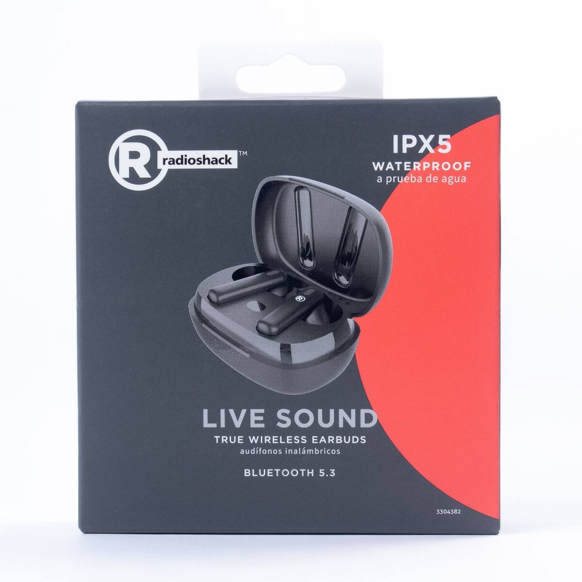 radioshack™  
IPX5 WATERPROOF a prueba de agua  
LIVE SOUND  
TRUE WIRELESS EARBUDS  
audífonos inalámbricos  
BLUETOOTH 5.3  
3304382