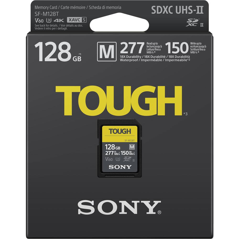 Memory Card / Carte mémoire / Scheda di memoria  
SF-M128T SDXC UHS-II V60 4K XAVC S  
See back for details. Voir détails au dos. Vedere il retro per i dettagli.  

128 GB  
M  
TOUGH  
*3  

Read up to 277 MB/s  
Write up to 150 MB/s  
18X Durability / 18X Durabilità / 18X Durabilité  
Waterproof / Imperméable / Impermeabile*2  

SDXC UHS-II  
XC II  

TOUGH  
128 GB  
277 MB/s  
150 MB/s  
V60  
M  
SONY  

SONY