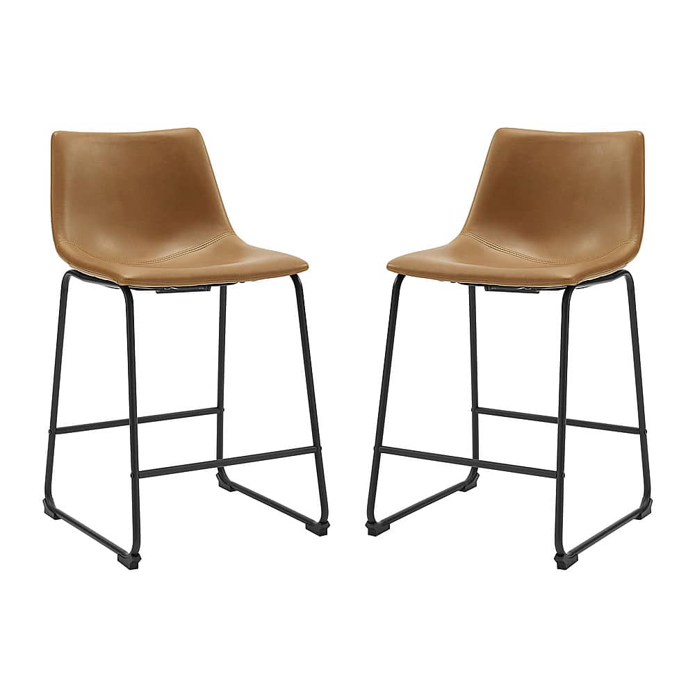Walker Edison - Industrial Faux Leather Counter Stool (Set of 2) - Whiskey Brown - Front_Zoom