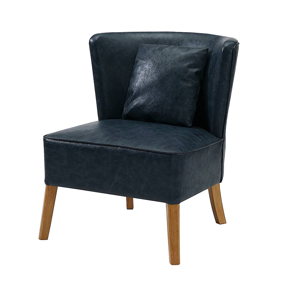 Left View: Walker Edison - Linen, Vegan Leather and 100% Polyester Accent Chair - Navy Blue