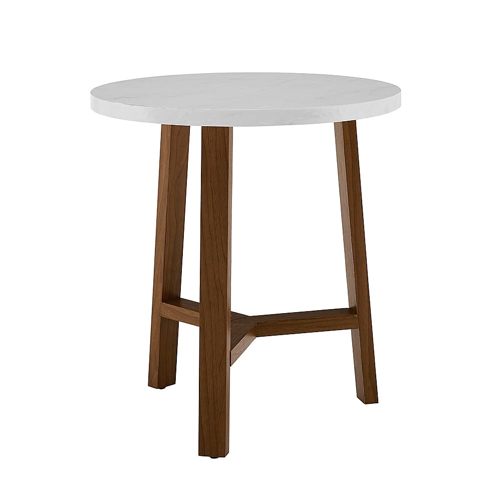 Left View: Walker Edison - 20" Round Side Table - White Marble/Pecan