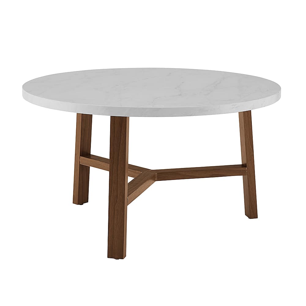 Angle View: Walker Edison - 30" Round Coffee Table - White Marble/Pecan