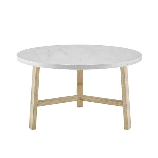 Walker Edison 30 Round Coffee Table White Marble Light Oak Bbf30emctlo Best Buy