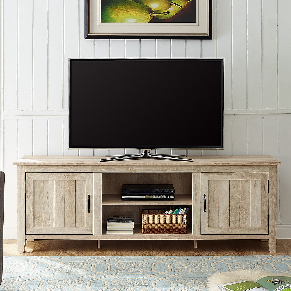 Alt View 12. Walker Edison - 70" Modern Farmhouse Simple Grooved Door TV Stand for most TVs up to 80" - White Oak.
