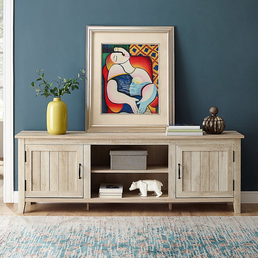 Alt View 13. Walker Edison - 70" Modern Farmhouse Simple Grooved Door TV Stand for most TVs up to 80" - White Oak.