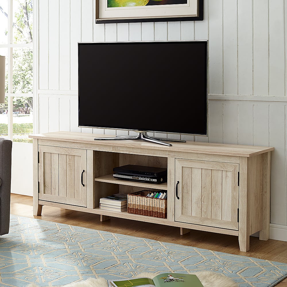 Alt View 1. Walker Edison - 70" Modern Farmhouse Simple Grooved Door TV Stand for most TVs up to 80" - White Oak.